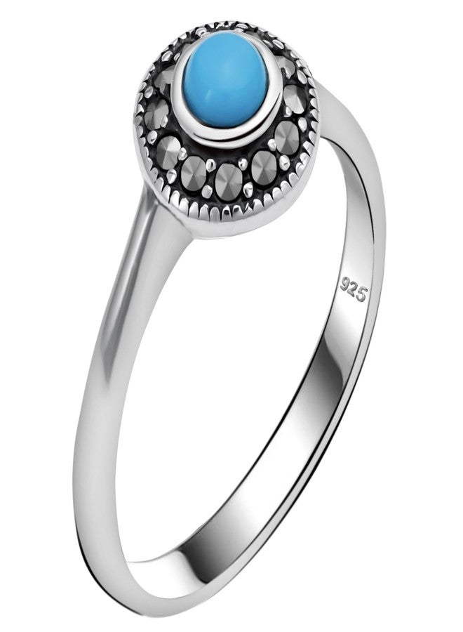 Alpha Rock Genuine Solid 925 Sterling Silver Simulated Round Turquoise Marcasite Accents Halo Ring, Statement Engagement Promise Wedding Birthstone Oxidized Fine Ring, Gift for Women (Simulated Turquoise A, 7) - Image 1